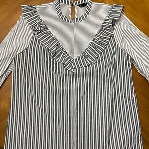 Express Striped Grey and White Ruffle Top